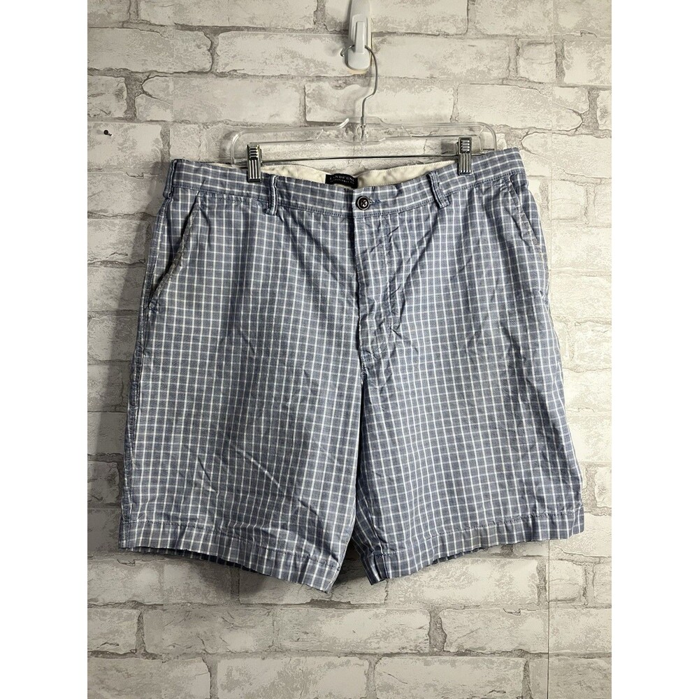 Lands End Men’s Casual Shorts Size 38 Flat Front 100% Cotton Blue White Check